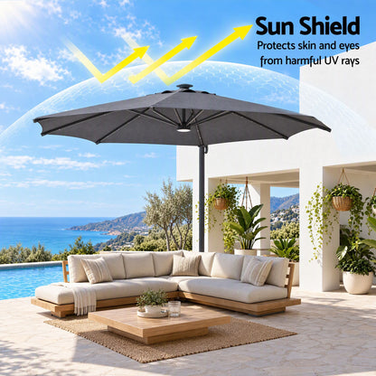 Instahut Outdoor Umbrella w/Base 3m Solar LED Offset Cantilever Patio Parasol Charcoal-Home &amp; Garden > Shading > Umbrellas &amp; Sunshades-PEROZ Accessories