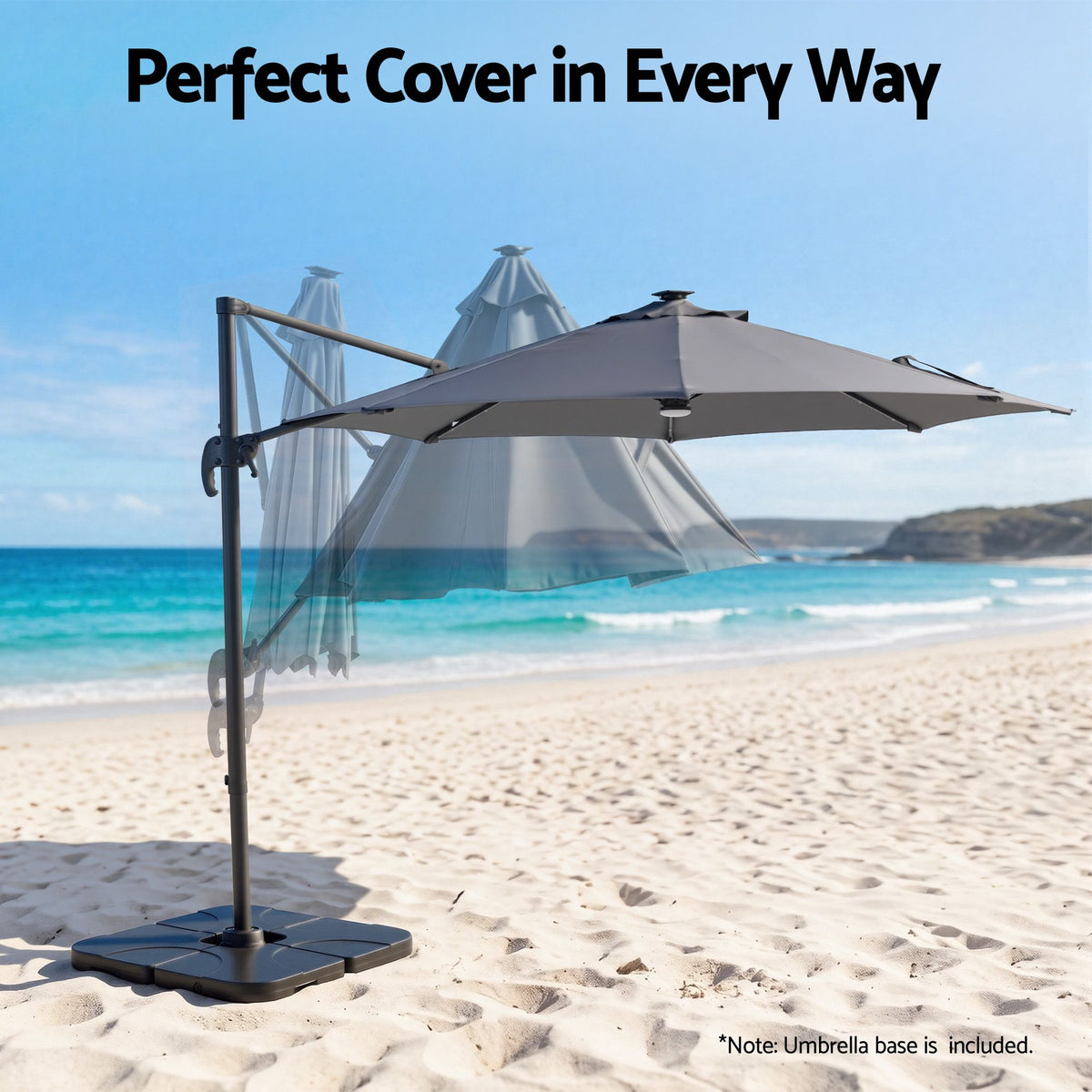 Instahut Outdoor Umbrella w/Base 3m Solar LED Offset Cantilever Patio Parasol Charcoal-Home &amp; Garden > Shading > Umbrellas &amp; Sunshades-PEROZ Accessories