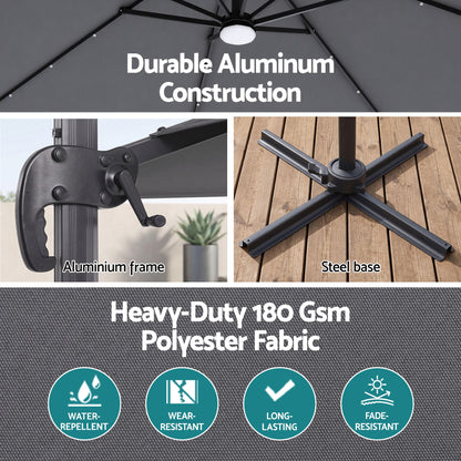 Instahut Outdoor Umbrella w/Base 3m Solar LED Offset Cantilever Patio Parasol Charcoal-Home &amp; Garden > Shading > Umbrellas &amp; Sunshades-PEROZ Accessories