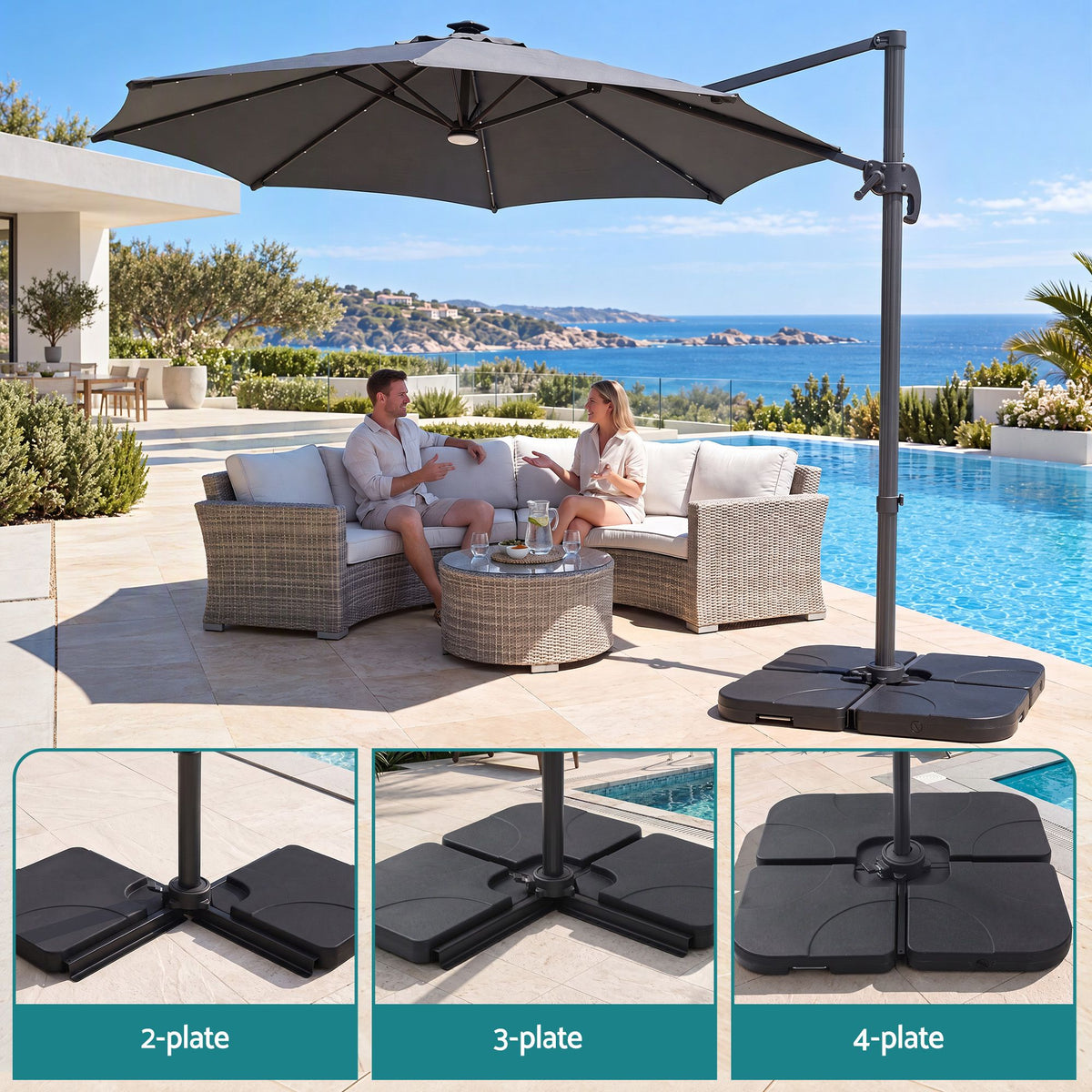 Instahut Outdoor Umbrella w/Base 3m Solar LED Offset Cantilever Patio Parasol Charcoal-Home &amp; Garden > Shading > Umbrellas &amp; Sunshades-PEROZ Accessories