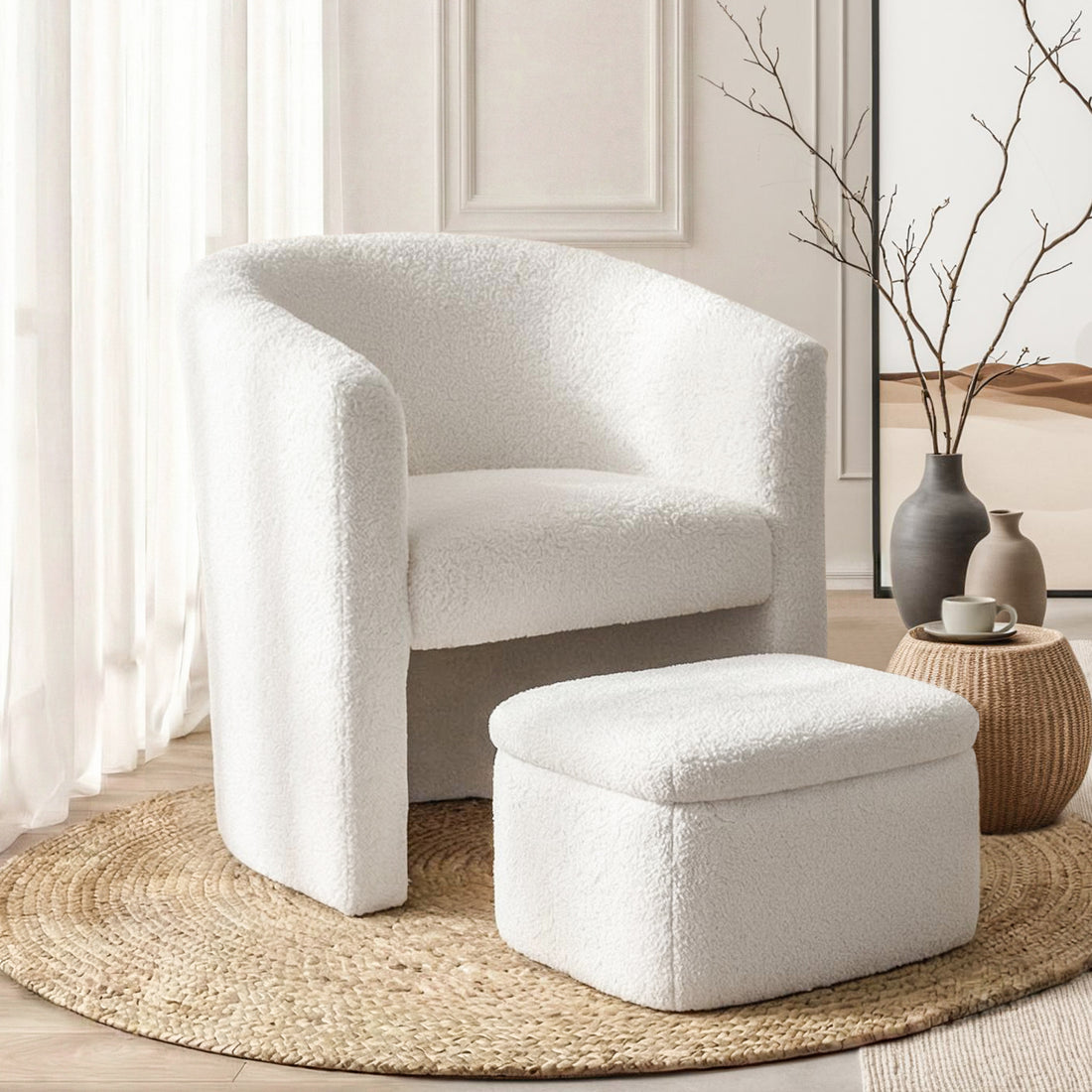 Artiss Armchair Accent Chair w/Ottoman Lounge Footrest Storage Boucle White-Furniture > Bar Stools &amp; Chairs > Arm Chairs &amp; Recliners-PEROZ Accessories