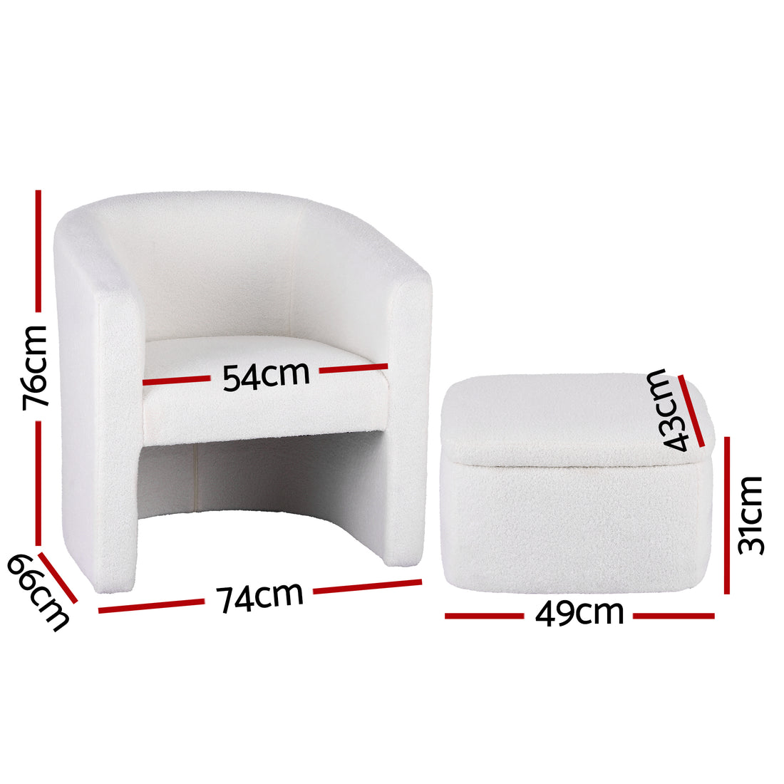 Artiss Armchair Accent Chair w/Ottoman Lounge Footrest Storage Boucle White-Furniture > Bar Stools &amp; Chairs > Arm Chairs &amp; Recliners-PEROZ Accessories