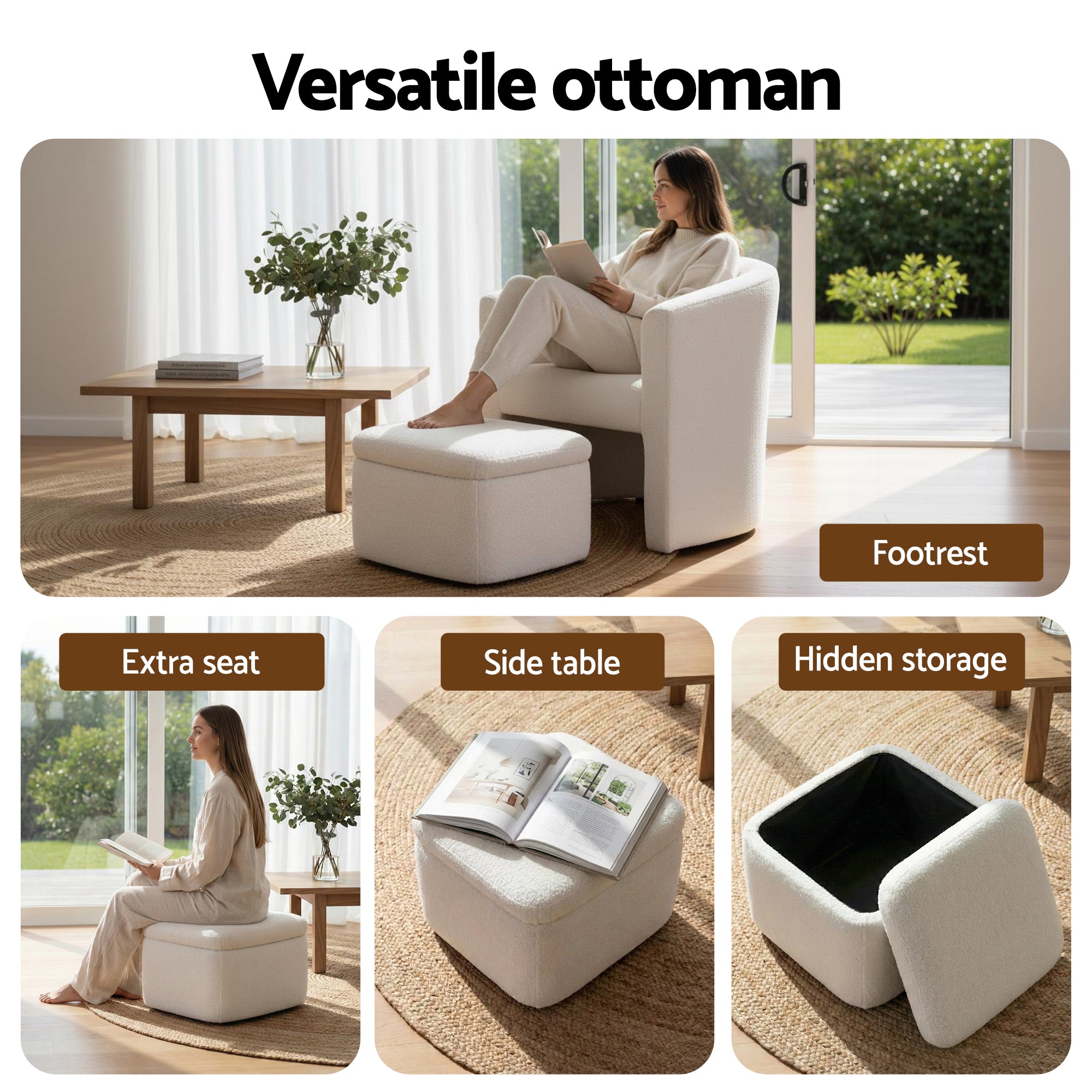 Artiss Armchair Accent Chair w/Ottoman Lounge Footrest Storage Boucle White-Furniture > Bar Stools &amp; Chairs > Arm Chairs &amp; Recliners-PEROZ Accessories