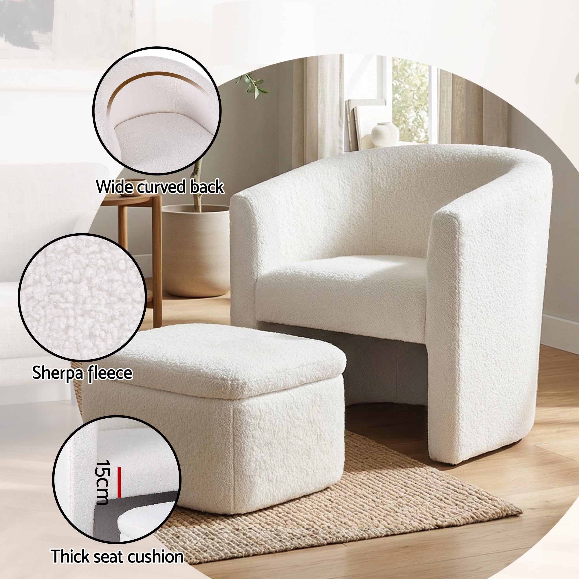 Artiss Armchair Accent Chair w/Ottoman Lounge Footrest Storage Boucle White-Furniture > Bar Stools &amp; Chairs > Arm Chairs &amp; Recliners-PEROZ Accessories