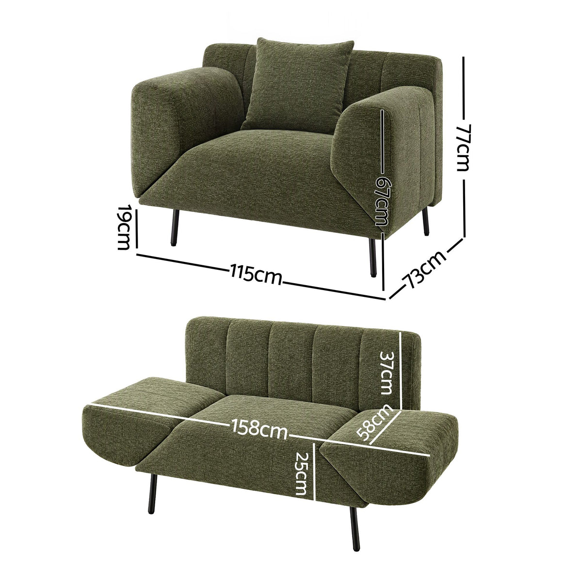 Artiss Armchair 3-in-1 Convertible Chenille Lounger and Daybed Green-Furniture > Bar Stools &amp; Chairs > Arm Chairs &amp; Recliners-PEROZ Accessories