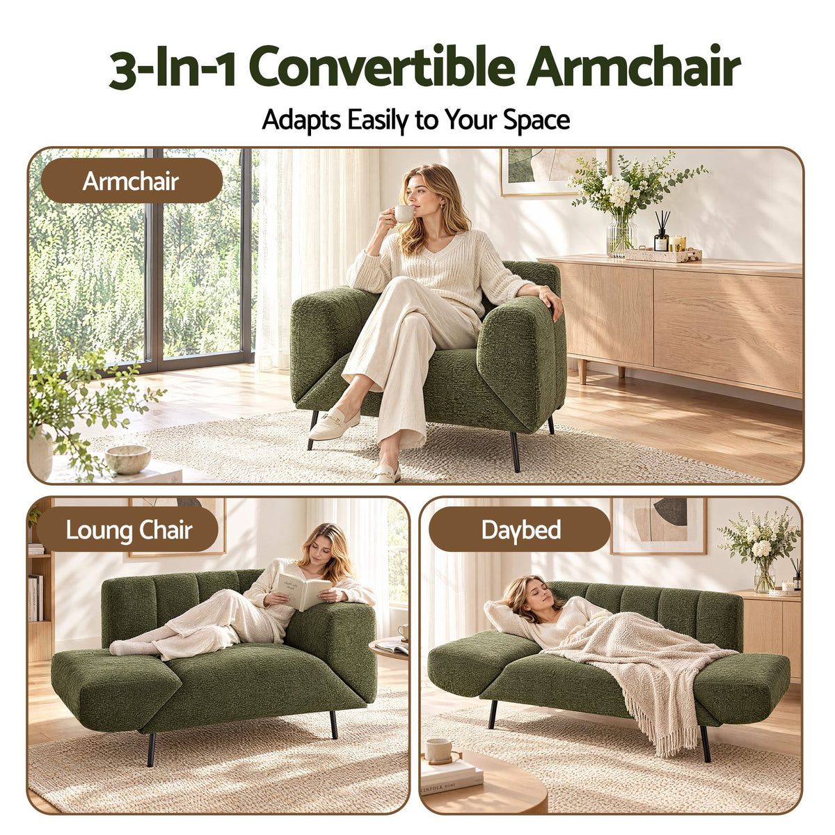 Artiss Armchair 3-in-1 Convertible Chenille Lounger and Daybed Green-Furniture > Bar Stools &amp; Chairs > Arm Chairs &amp; Recliners-PEROZ Accessories