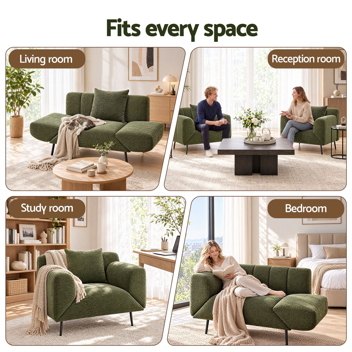 Artiss Armchair 3-in-1 Convertible Chenille Lounger and Daybed Green-Furniture > Bar Stools &amp; Chairs > Arm Chairs &amp; Recliners-PEROZ Accessories