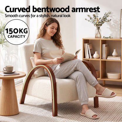 Artiss Teddy Fabric Armchair Curved Bentwood Arms with Cushion Beige-Furniture > Bar Stools &amp; Chairs > Arm Chairs &amp; Recliners-PEROZ Accessories