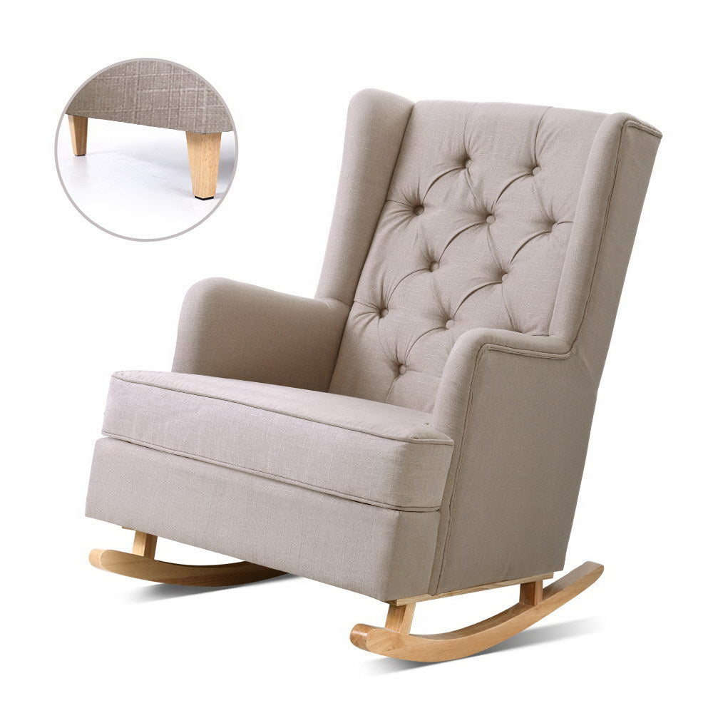 Artiss Rocking Chair Armchair Linen Fabric Beige Gaia-Armchairs-PEROZ Accessories