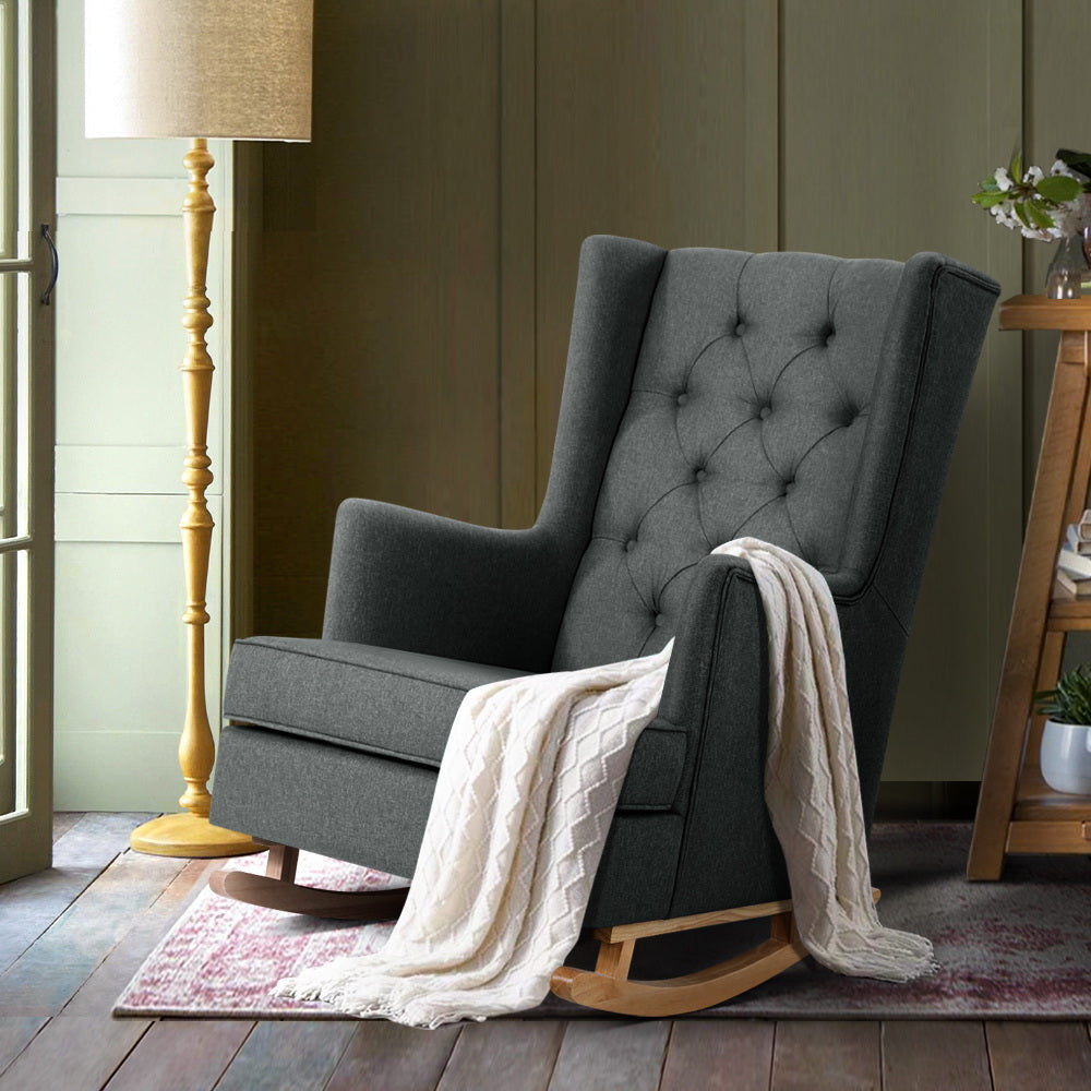 Artiss Rocking Chair Armchair Linen Fabric Charcoal Gaia-Armchairs-PEROZ Accessories