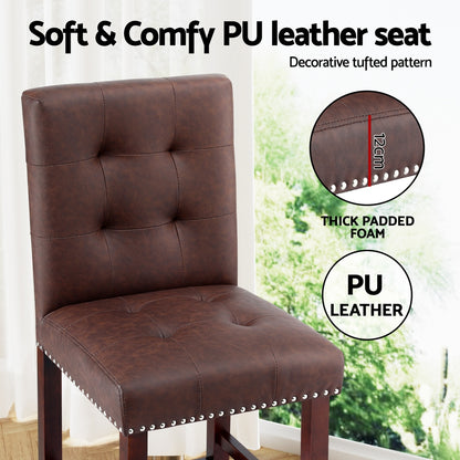 Artiss 2x Bar Stools Kitchen Dining Chairs Counter PU Leather Wooden Ada Brown-Furniture &gt; Bar Stools &amp; Chairs &gt; Table &amp; Bar Stools-PEROZ Accessories