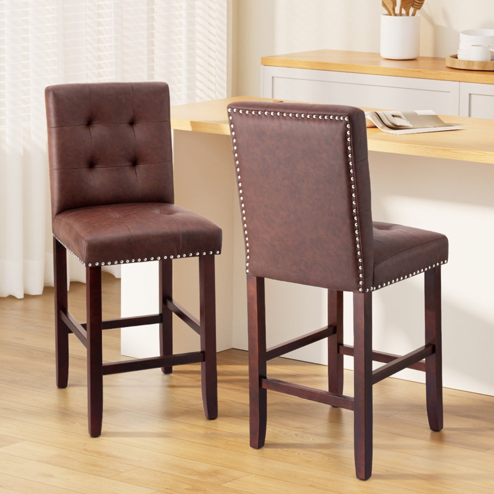 Artiss 2x Bar Stools Kitchen Dining Chairs Counter PU Leather Wooden Ada Brown-Furniture &gt; Bar Stools &amp; Chairs &gt; Table &amp; Bar Stools-PEROZ Accessories