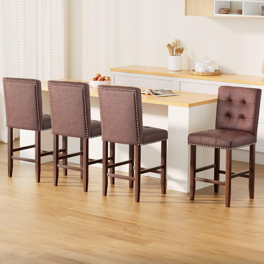 Artiss 4x Bar Stools Kitchen Dining Chairs Counter PU Leather Wooden Ada Brown-Furniture &gt; Bar Stools &amp; Chairs &gt; Table &amp; Bar Stools-PEROZ Accessories