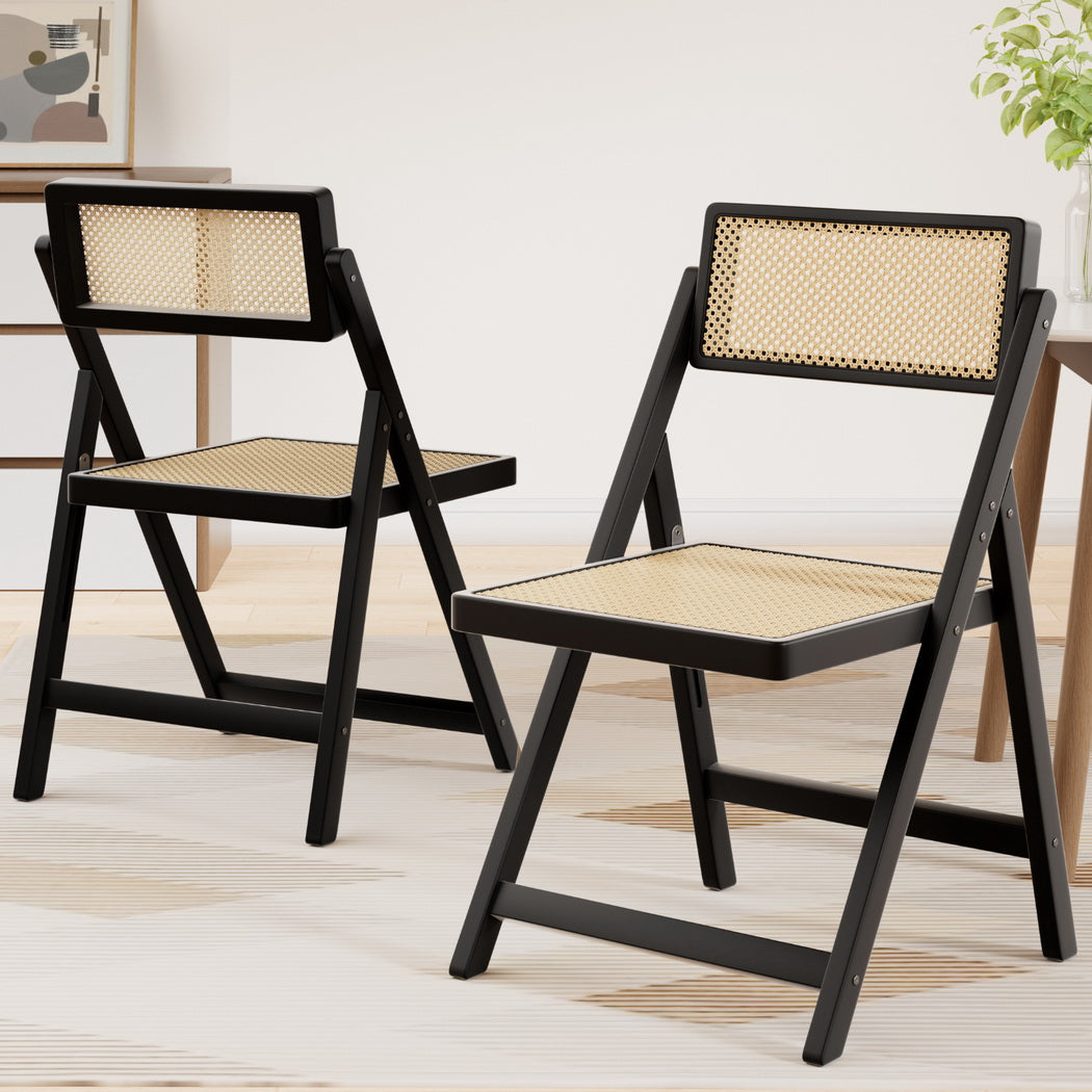 Artiss 2x Dining Chairs Wooden Rattan Foldable Black-Furniture &gt; Dining &gt; Kitchen &amp; Dining Chairs-PEROZ Accessories