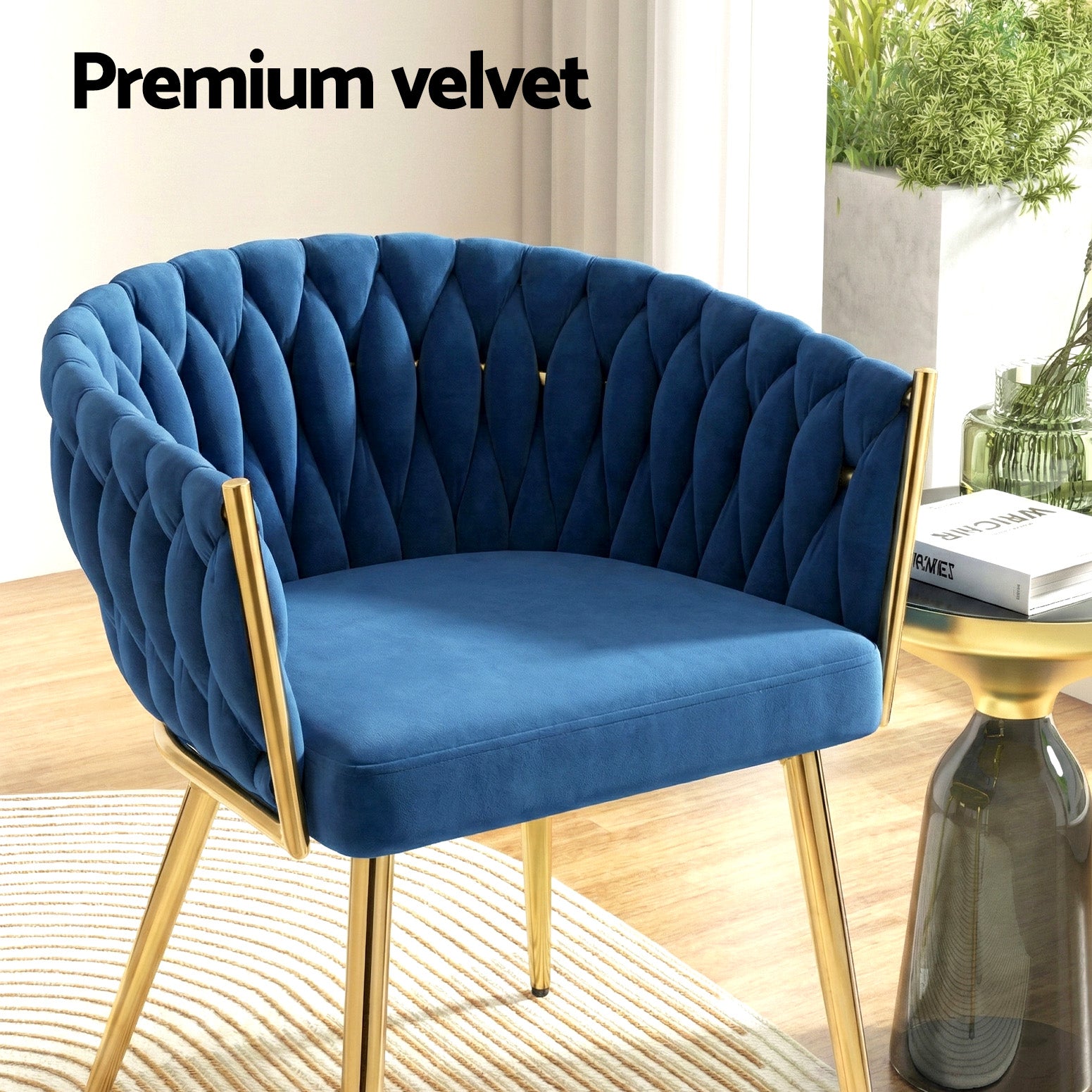 1 Set of 4 Artiss Dining Chairs Velvet Weaving Armchair Blue-Furniture > Dining > Kitchen &amp; Dining Chairs-PEROZ Accessories