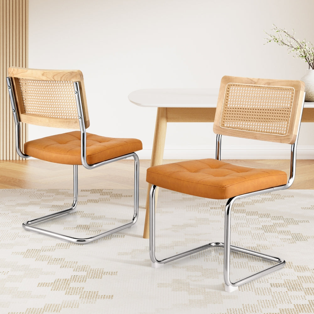 Artiss Dining Chairs Set of 2 PU Leather Rattan Cantilever Brown-Furniture &gt; Dining &gt; Kitchen &amp; Dining Chairs-PEROZ Accessories