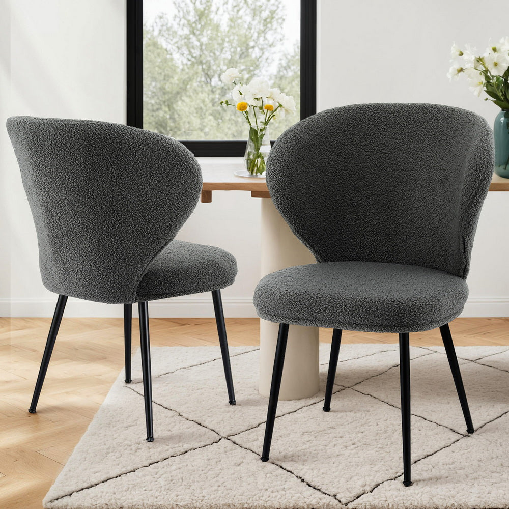 Artiss 2x Dining Chairs Sherpa Boucle Wing Back Grey-Furniture &gt; Dining &gt; Kitchen &amp; Dining Chairs-PEROZ Accessories