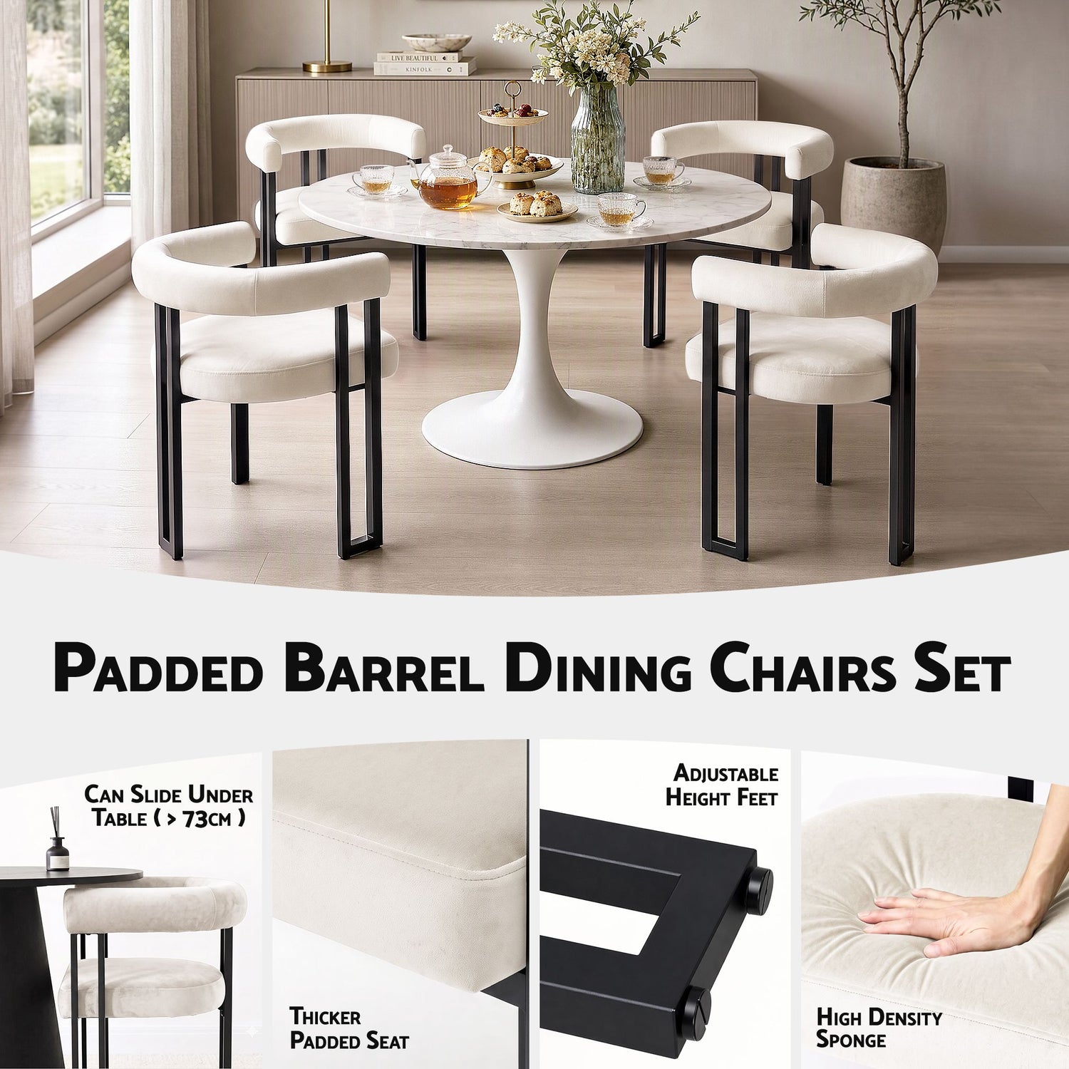 Artiss Dining Chairs Set of 2 Velvet Upholstered Barrel Chairs with Curved Armrests &amp; Back Beige