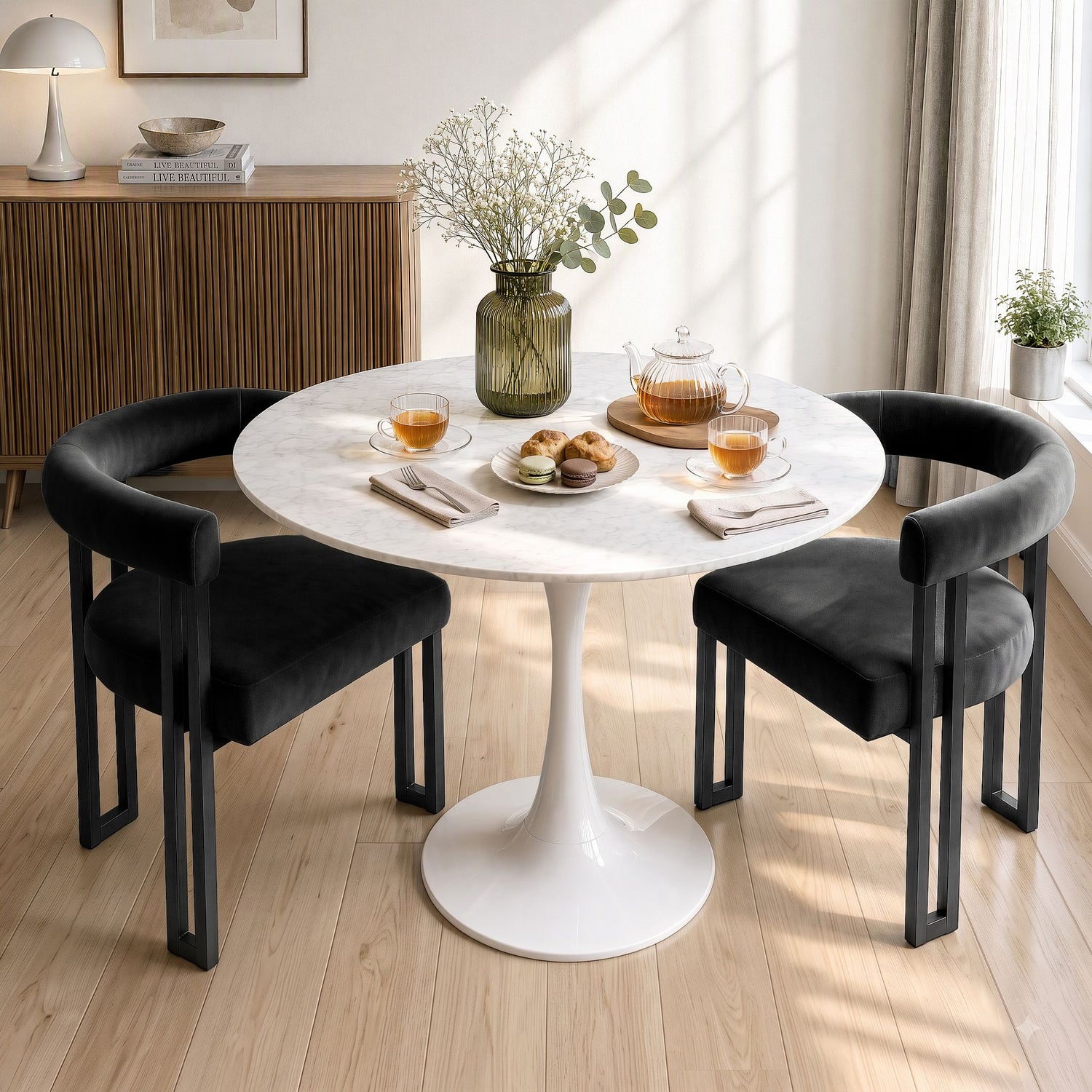 Artiss Dining Chairs Set of 2 Velvet Upholstered Barrel Chairs with Curved Armrests &amp; Back Black