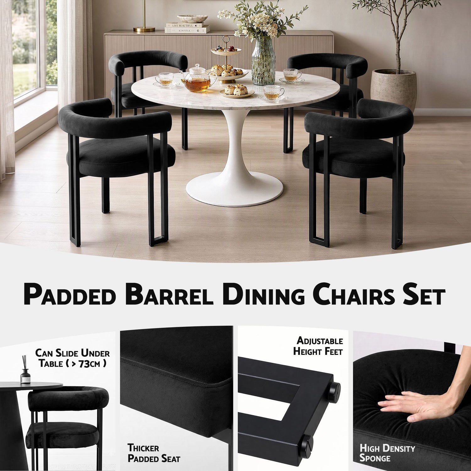 Artiss Dining Chairs Set of 2 Velvet Upholstered Barrel Chairs with Curved Armrests &amp; Back Black