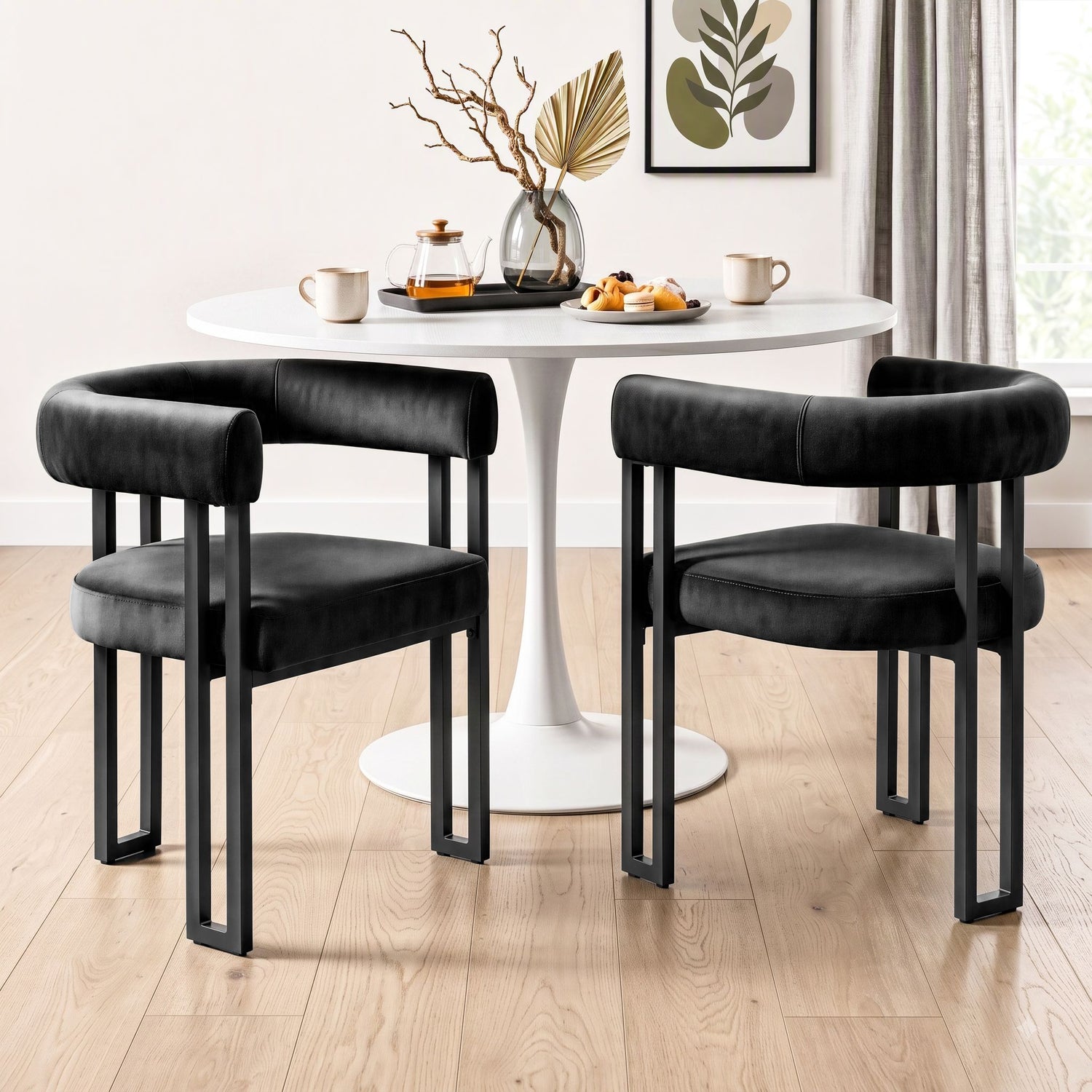 Artiss Dining Chairs Set of 2 Velvet Upholstered Barrel Chairs with Curved Armrests &amp; Back Black