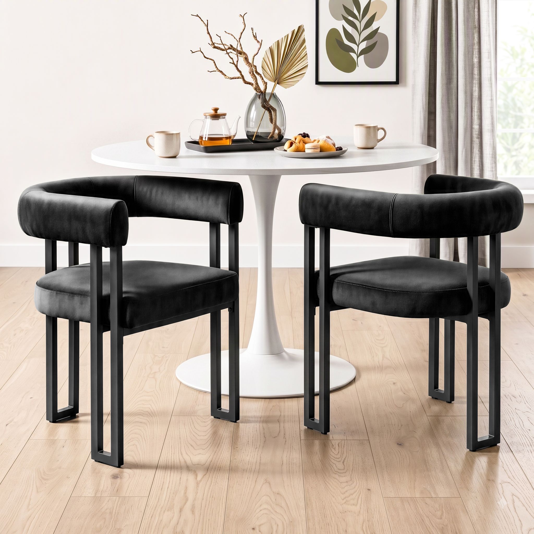 Artiss Dining Chairs Set of 2 Velvet Upholstered Barrel Chairs with Curved Armrests &amp; Back Black