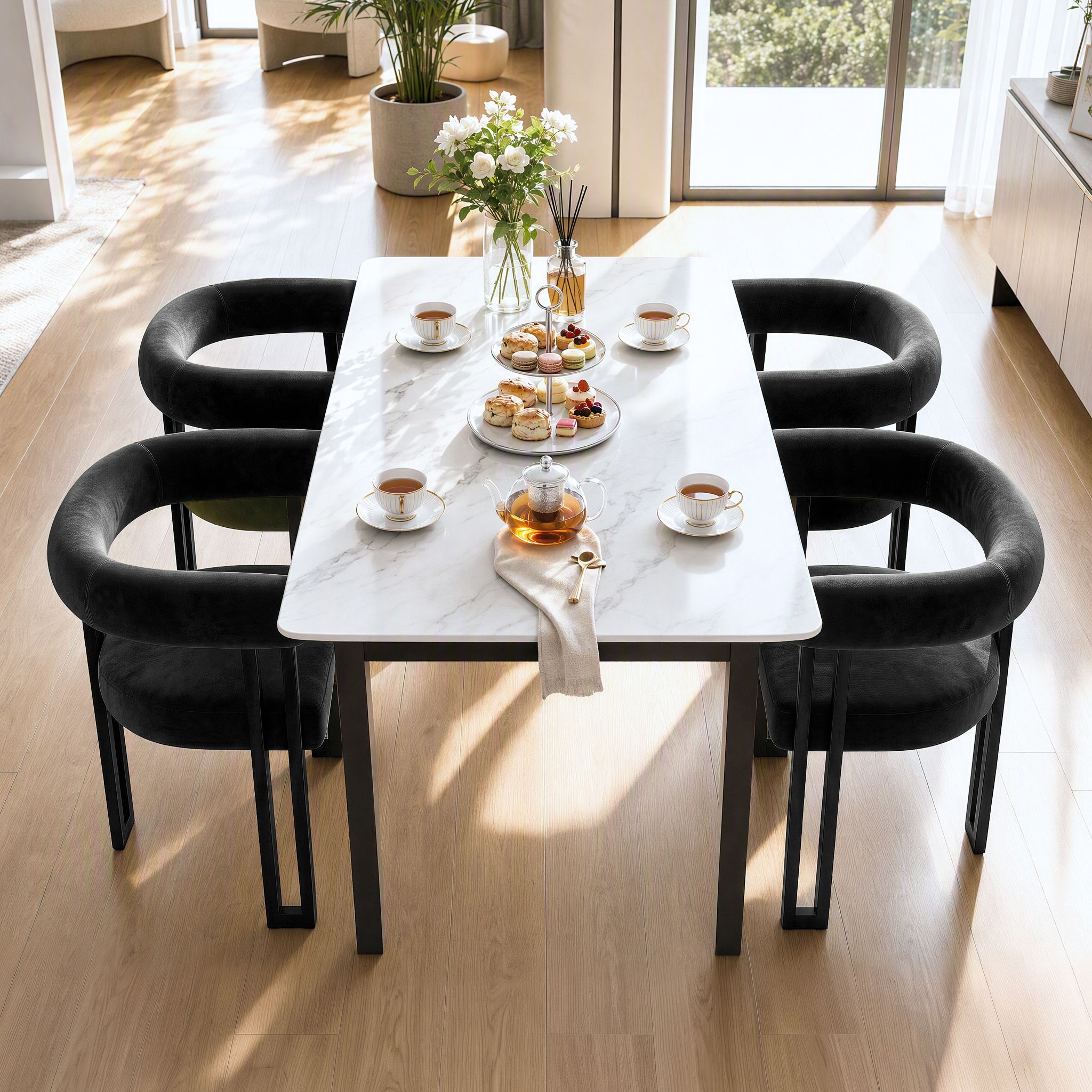 Artiss Dining Chairs Set of 4 Velvet Upholstered Barrel Chairs with Curved Armrests &amp; Back Black