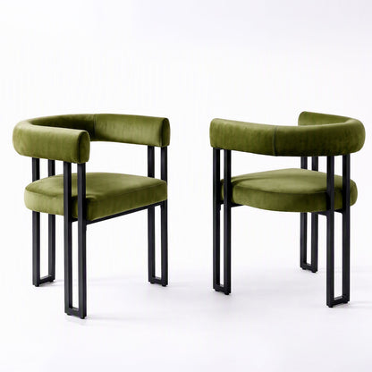 Artiss Dining Chairs Set of 2 Velvet Upholstered Barrel Chairs with Curved Armrests &amp; Back Green