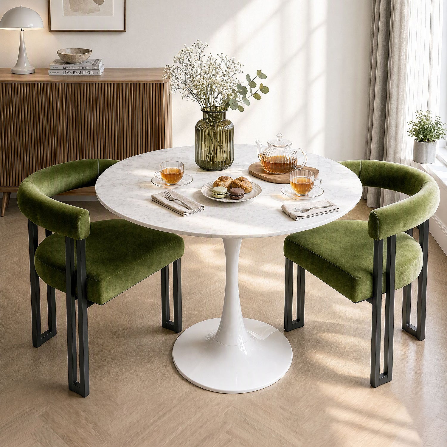 Artiss Dining Chairs Set of 2 Velvet Upholstered Barrel Chairs with Curved Armrests &amp; Back Green