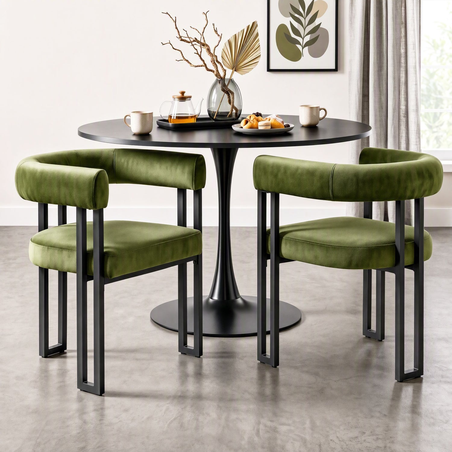Artiss Dining Chairs Set of 2 Velvet Upholstered Barrel Chairs with Curved Armrests &amp; Back Green
