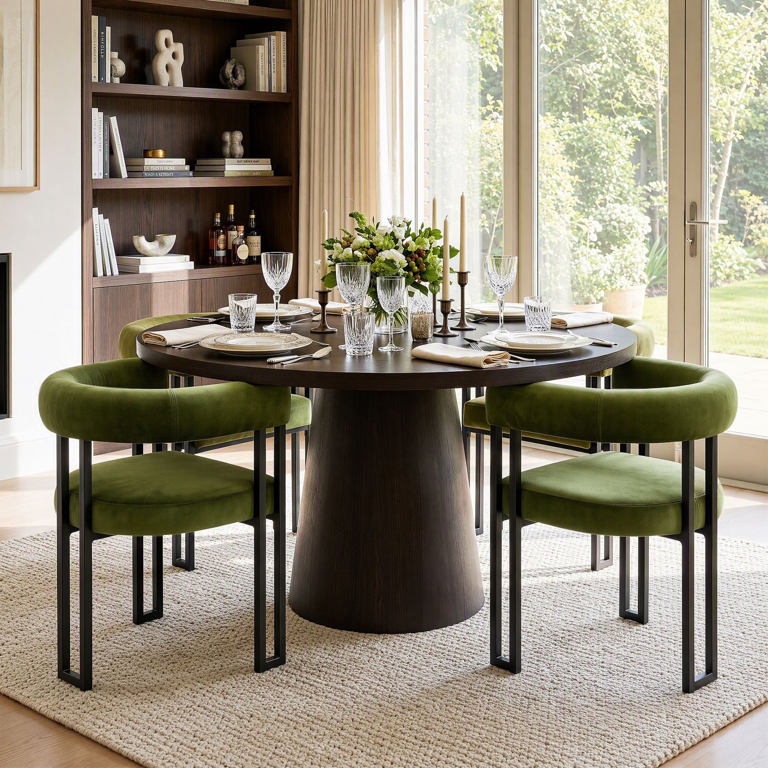 Artiss Dining Chairs Set of 4 Velvet Upholstered Barrel Chairs with Curved Armrests &amp; Back Green