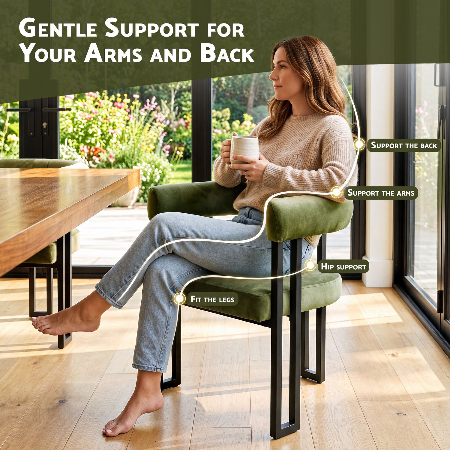 Artiss Dining Chairs Set of 4 Velvet Upholstered Barrel Chairs with Curved Armrests &amp; Back Green