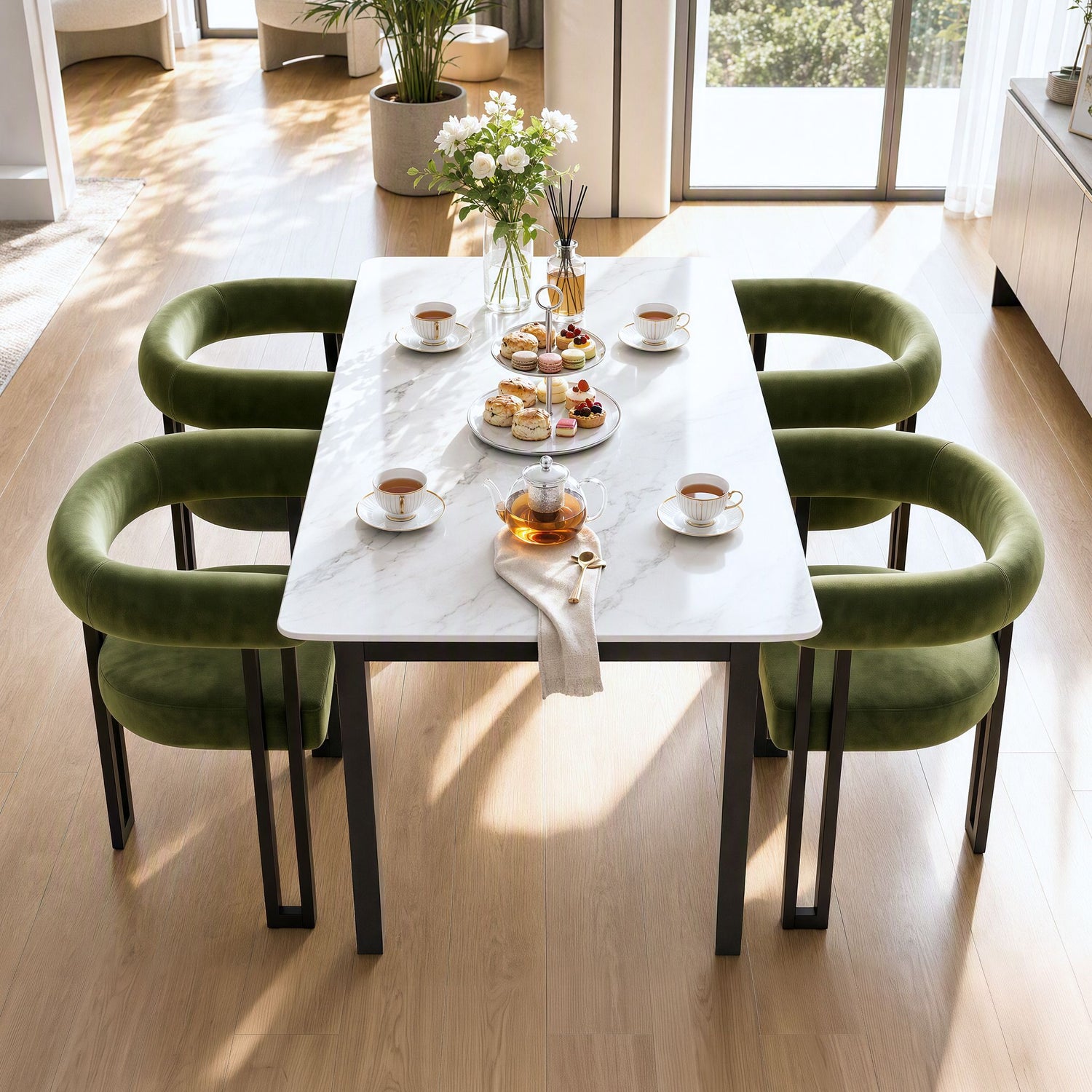 Artiss Dining Chairs Set of 4 Velvet Upholstered Barrel Chairs with Curved Armrests &amp; Back Green