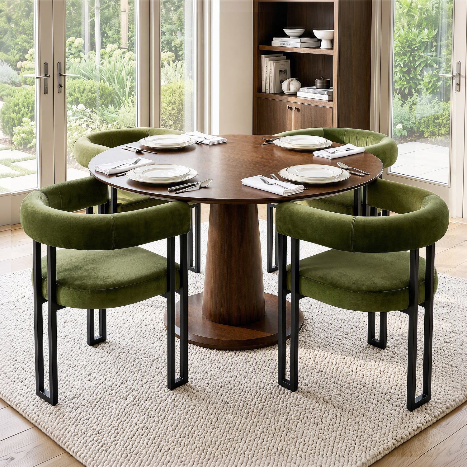 Artiss Dining Chairs Set of 4 Velvet Upholstered Barrel Chairs with Curved Armrests &amp; Back Green