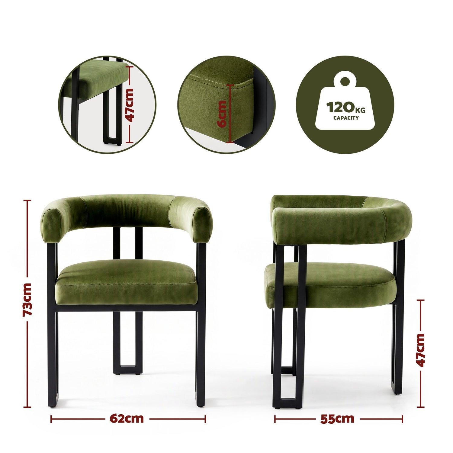 Artiss Dining Chairs Set of 6 Velvet Upholstered Barrel Chairs with Curved Armrests &amp; Back Green