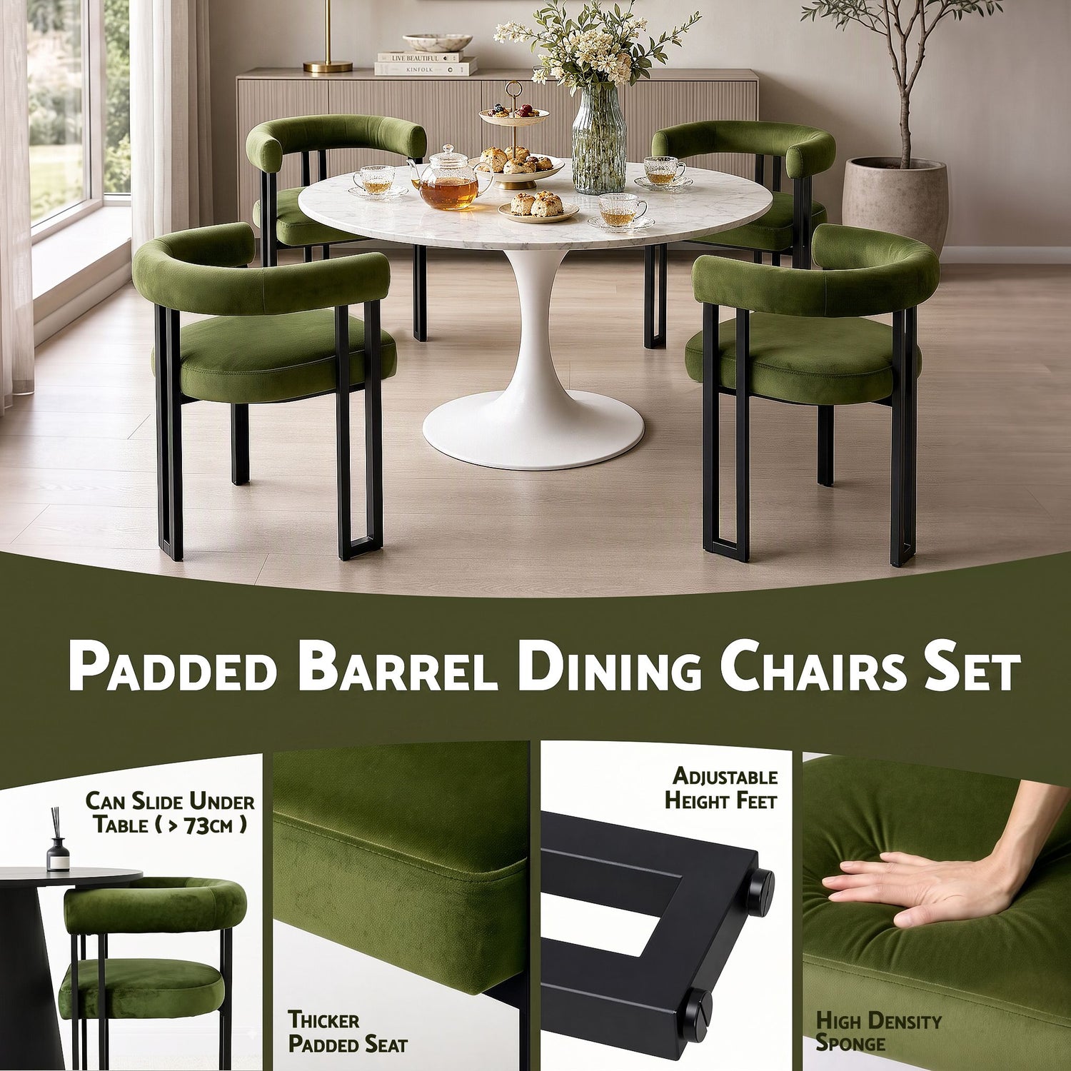 Artiss Dining Chairs Set of 6 Velvet Upholstered Barrel Chairs with Curved Armrests &amp; Back Green