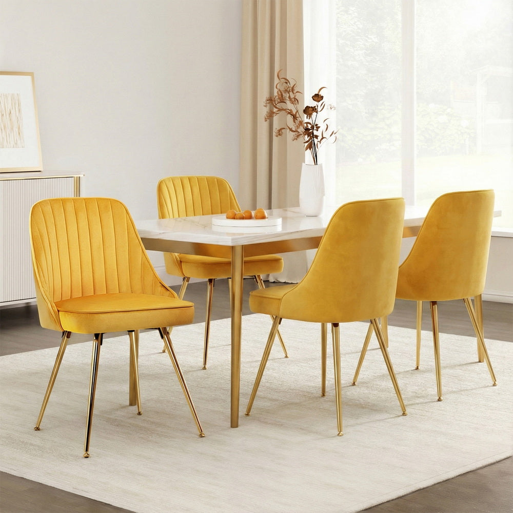 Artiss Dining Chairs Set of 4 Velvet Channel Tufted Yellow-Furniture > Dining > Kitchen &amp; Dining Chairs-PEROZ Accessories