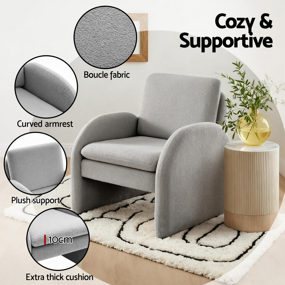 Artiss Armchair Accent Chair Lounge Tub Sofa Couch Curved Arm Seat Boucle Grey-Furniture &gt; Bar Stools &amp; Chairs &gt; Arm Chairs &amp; Recliners-PEROZ Accessories