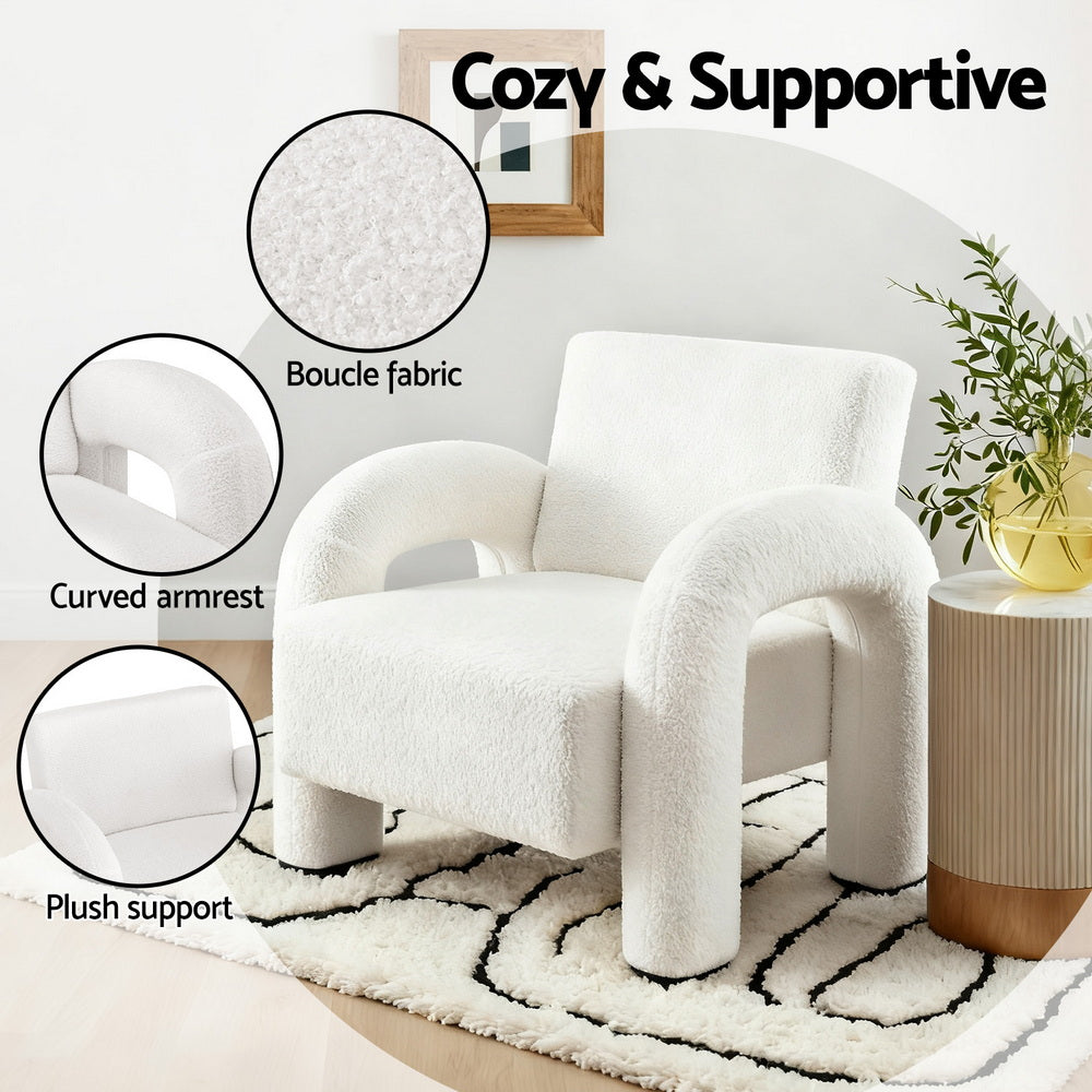 Artiss Armchair Accent Chair Lounge Sofa Couch Curved Seat Boucle White-Furniture &gt; Bar Stools &amp; Chairs &gt; Arm Chairs &amp; Recliners-PEROZ Accessories