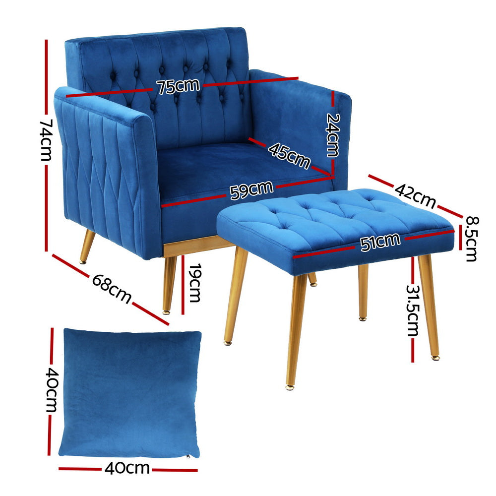 Artiss Armchair Ottoman Accent Chair Pillow Velvet Blue-Furniture &gt; Bar Stools &amp; Chairs &gt; Arm Chairs &amp; Recliners-PEROZ Accessories
