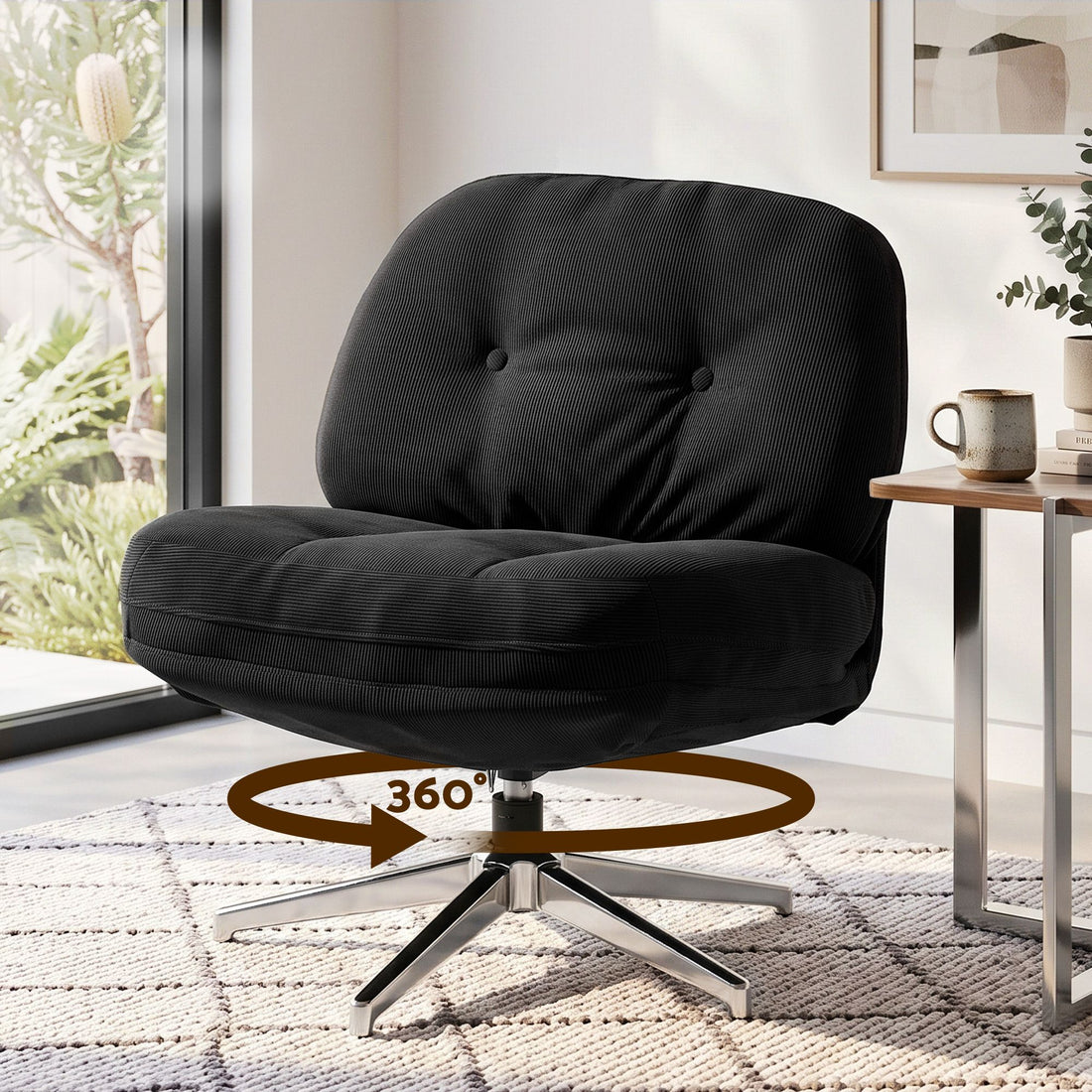 Artiss Swivel Chair Nursing Armchair Lounge Corduroy Steel Star Base Black-Furniture > Bar Stools &amp; Chairs > Arm Chairs &amp; Recliners-PEROZ Accessories