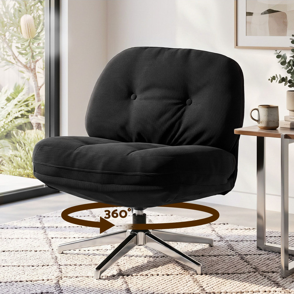Artiss Swivel Chair Nursing Armchair Lounge Corduroy Steel Star Base Black-Furniture > Bar Stools &amp; Chairs > Arm Chairs &amp; Recliners-PEROZ Accessories