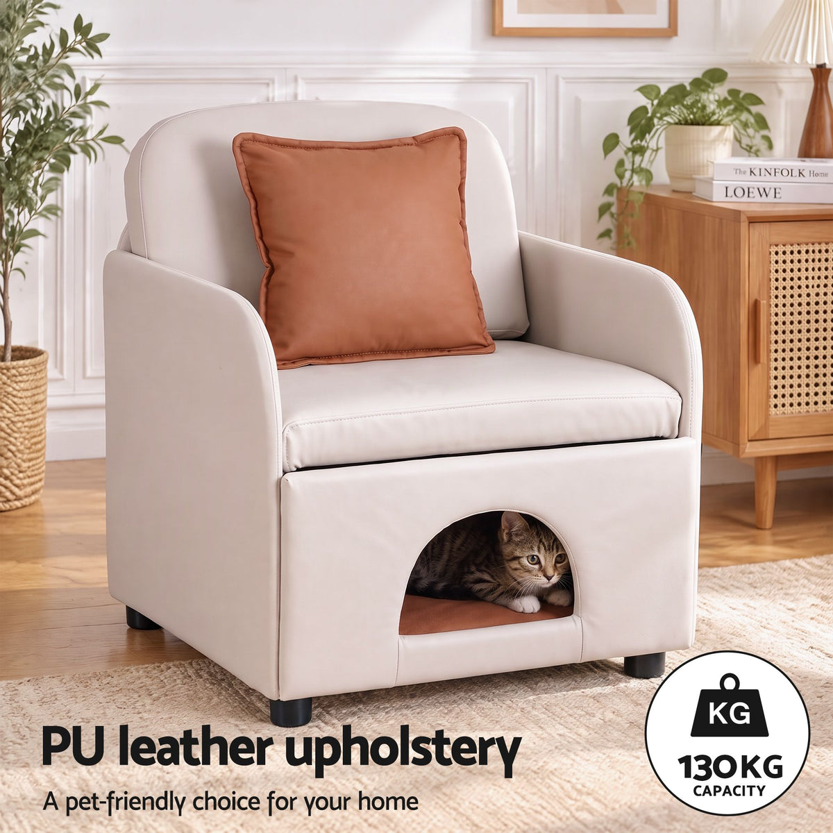 Artiss Armchair PU Leather Pet Accent Lounge Chair Cushion Beige-Furniture > Bar Stools &amp; Chairs > Arm Chairs &amp; Recliners-PEROZ Accessories