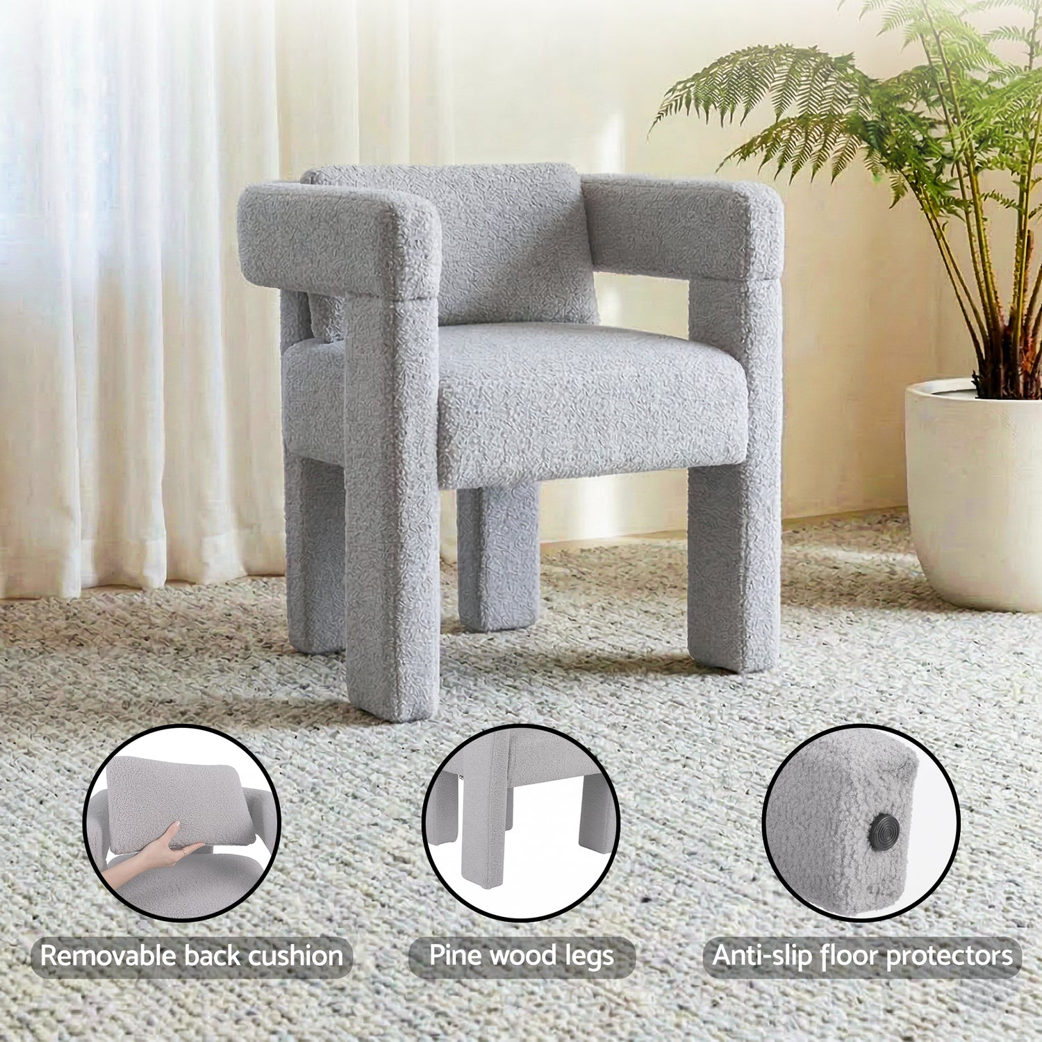 Artiss Armchair Accent Chair Lounge Sofa Couch Boucle Fabric Grey-Furniture > Bar Stools &amp; Chairs > Arm Chairs &amp; Recliners-PEROZ Accessories