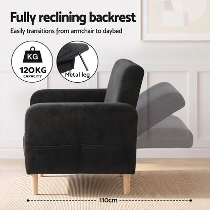 Artiss Reclining Armchair Velvet Sofa Bed Daybed Chair Single Chair Black