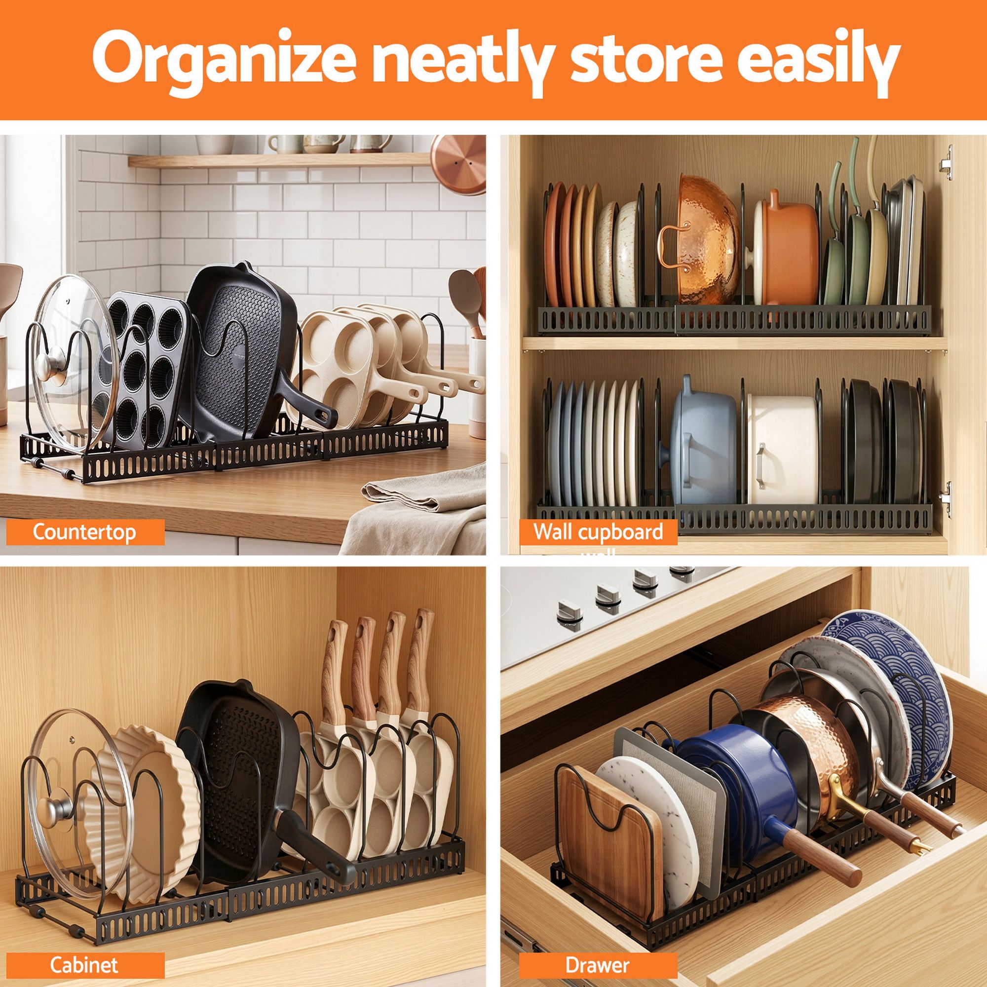 Artiss Expandable Pots and Pans Organizer Rack Cookware Holder Kitchen Cabinet Rack-Furniture > Bathroom > Bathroom Cabinets, Cupboards &amp; Storage-PEROZ Accessories