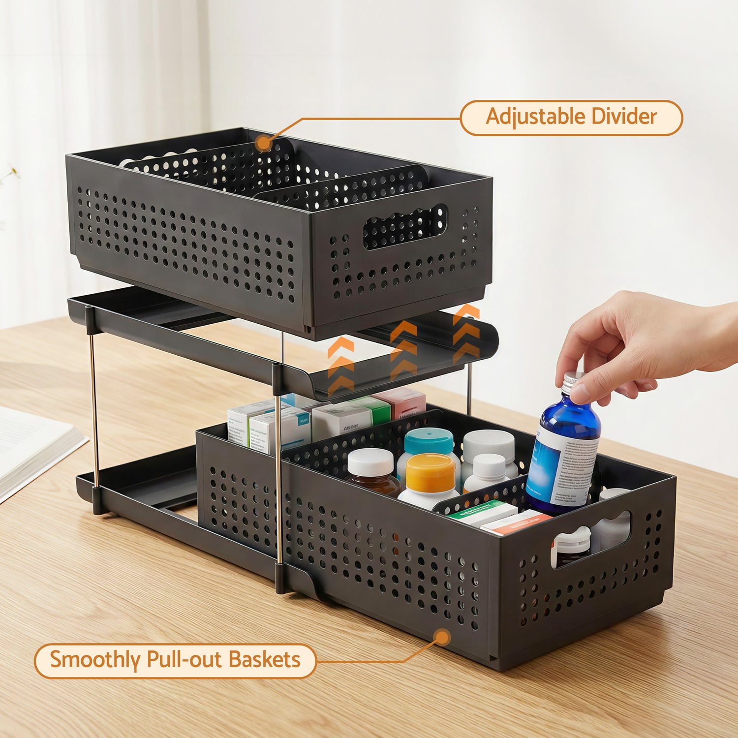 Artiss Under Sink Organizer 2 Tier Pull Out Drawer with Removable Baskets &amp; Divider-Furniture > Bathroom > Bathroom Cabinets, Cupboards &amp; Storage-PEROZ Accessories
