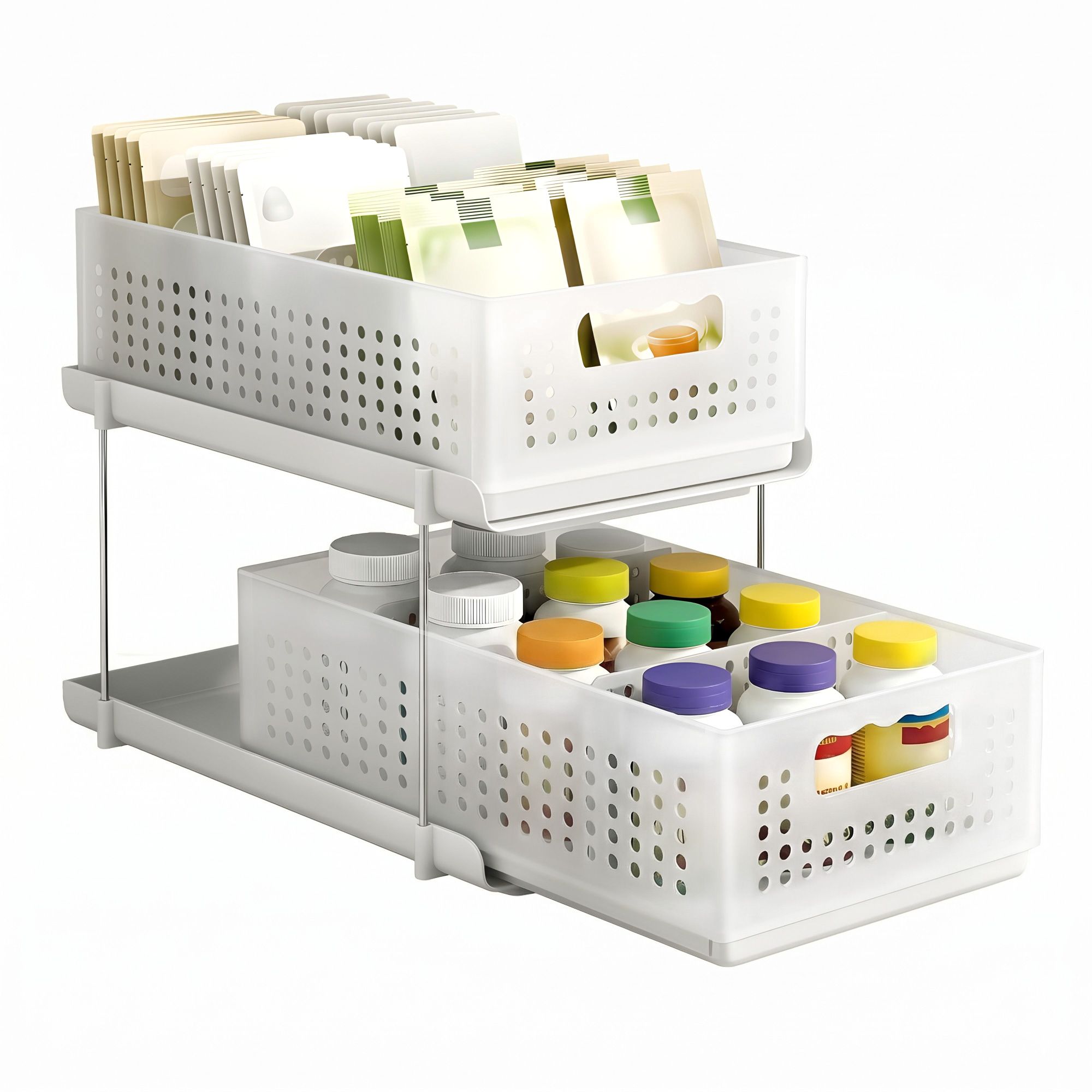 Artiss Under Sink Organizer 2 Tier Pull Out Drawer with Removable Baskets &amp; Divider White
