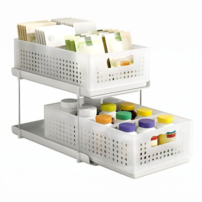 Artiss Under Sink Organizer 2 Tier Pull Out Drawer with Removable Baskets &amp; Divider White
