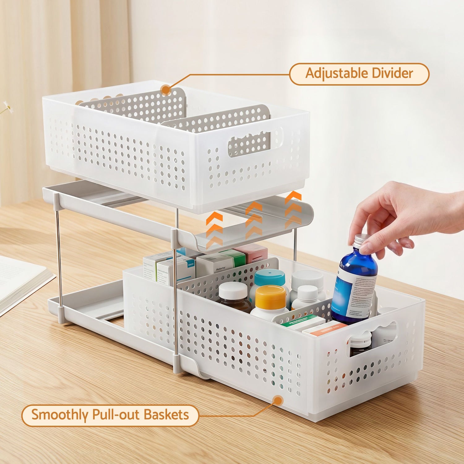 Artiss Under Sink Organizer 2 Tier Pull Out Drawer with Removable Baskets &amp; Divider White